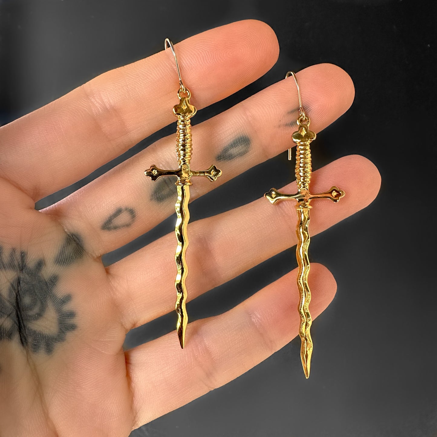 Wavy Sword Earrings-Gold